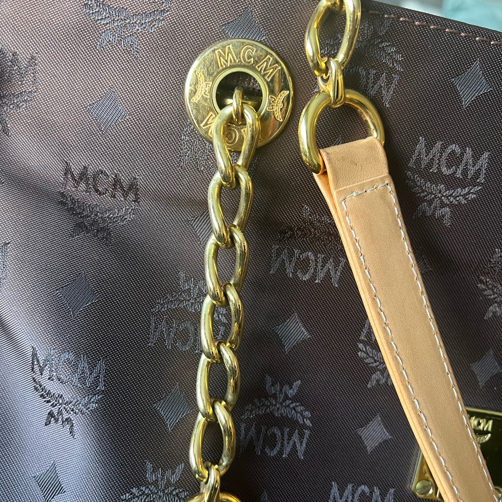 MCM Brown Monogram Tote with Gold Chain and Tan Leather Straps - Picture 9 of 15